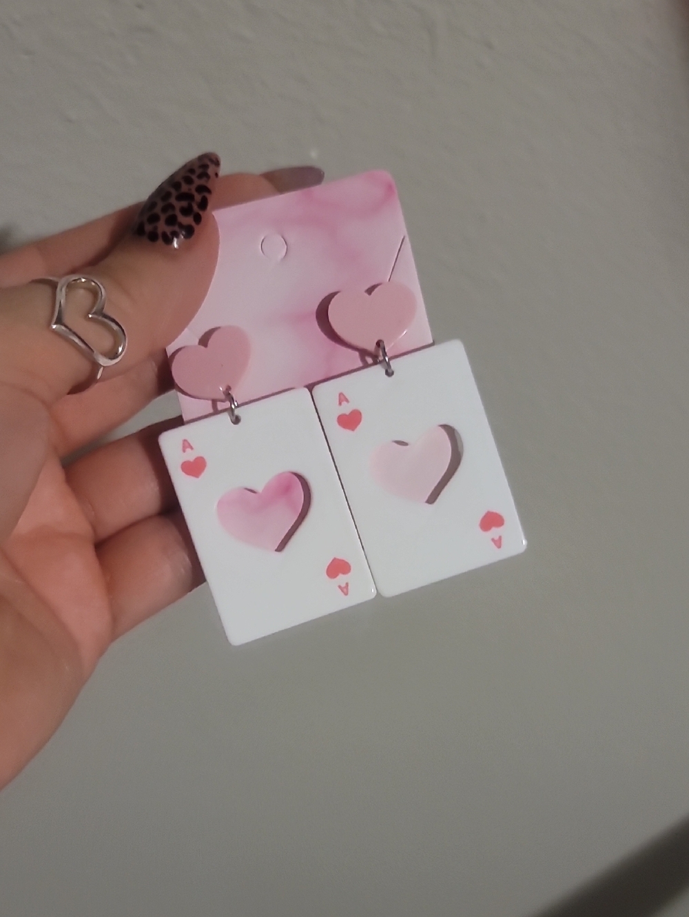 Pink Heart Ace Playing Card Drop Earrings